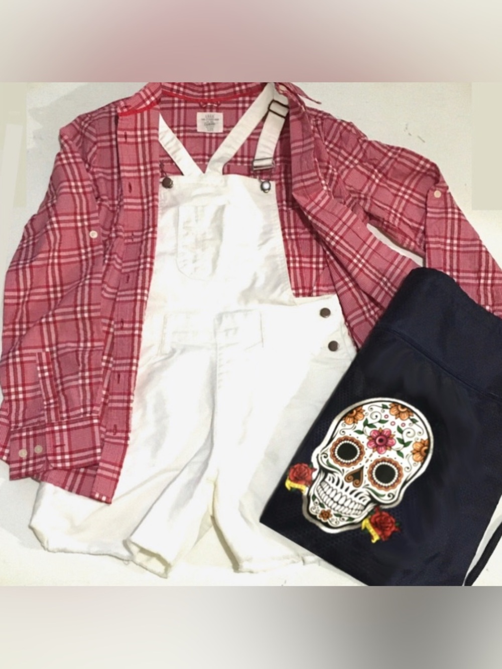 Only 1 Avail, M/L❗️HP🌹NEW Jean Shorts Overall w Bag & Seersucker Shirt